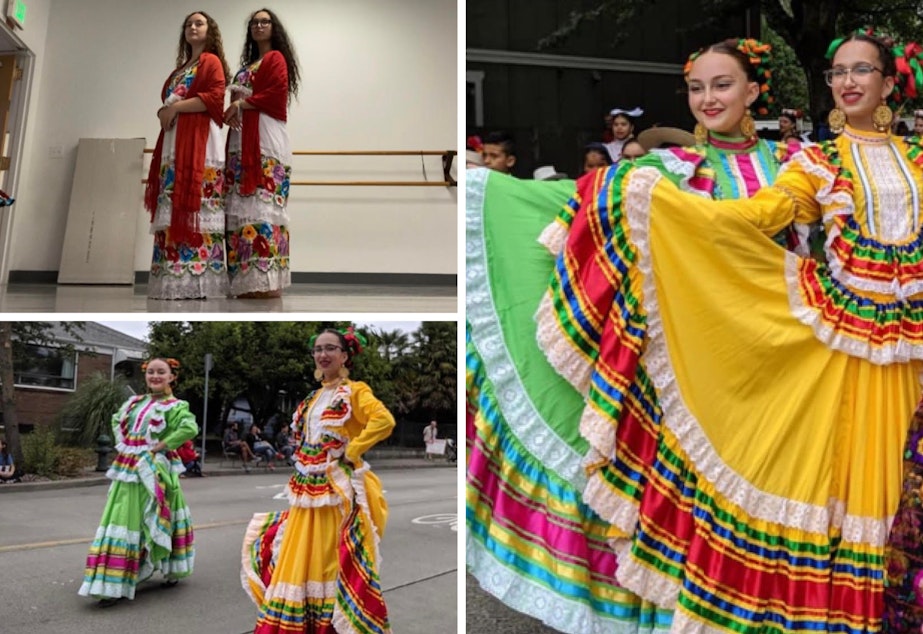 caption: A photo collage of Kylie Hooks (left) and Josie Gonzalez walking in the South Park Fiestas Patrias parade in 2019.